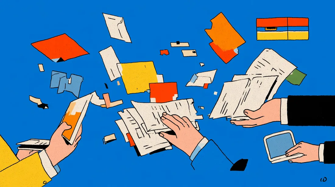 Papers, envelopes and three hands flying through the air: scattered information.
