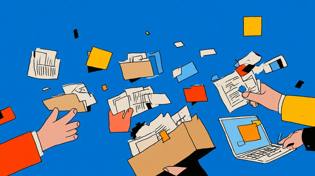 Folders, a box, a laptop and reaching hands: documents falling into order.